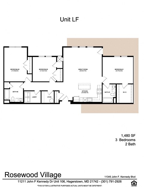 Floor plan for 3 beds, 2 baths, 1480 sqft